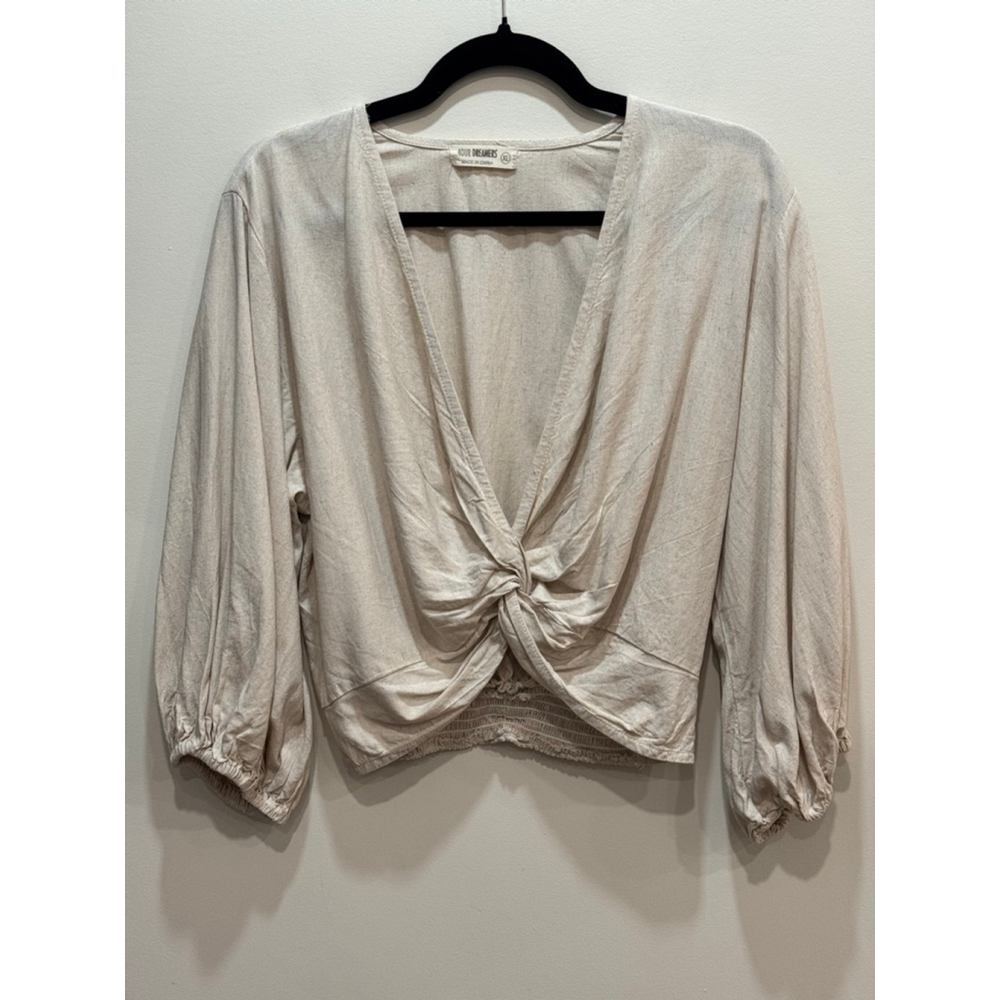 4OUR DREAMERS Beige Linen Wrap Crop Top XL Minimalist Boho Cottage Beach